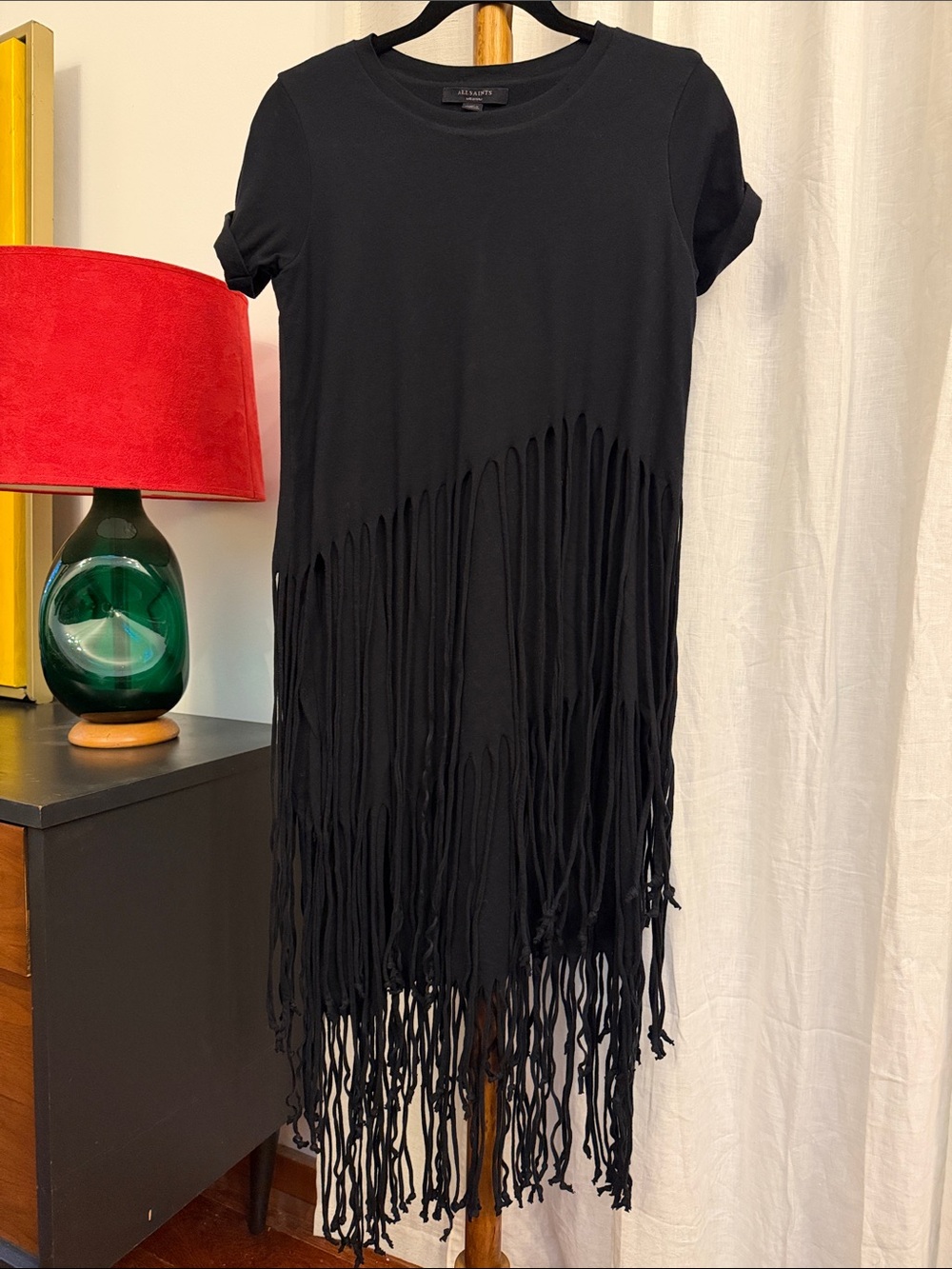AllSaints Tami Black Fringe Tee Dress Size M